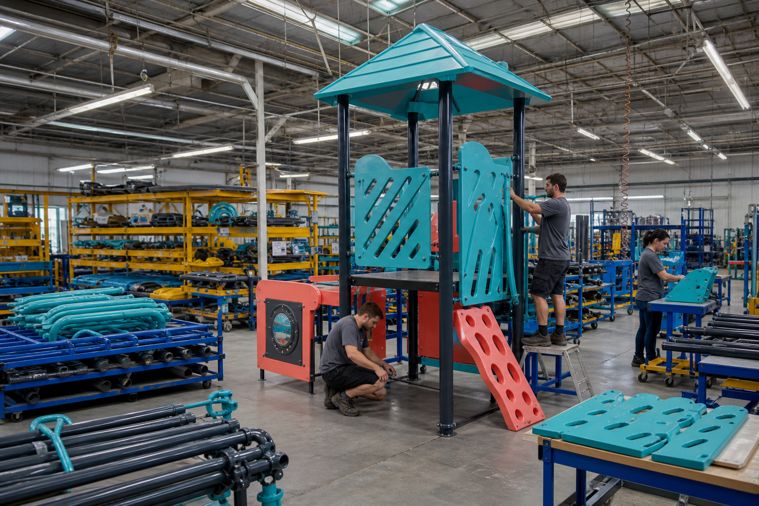 Playground equipment being pre-assembled on a factory floor