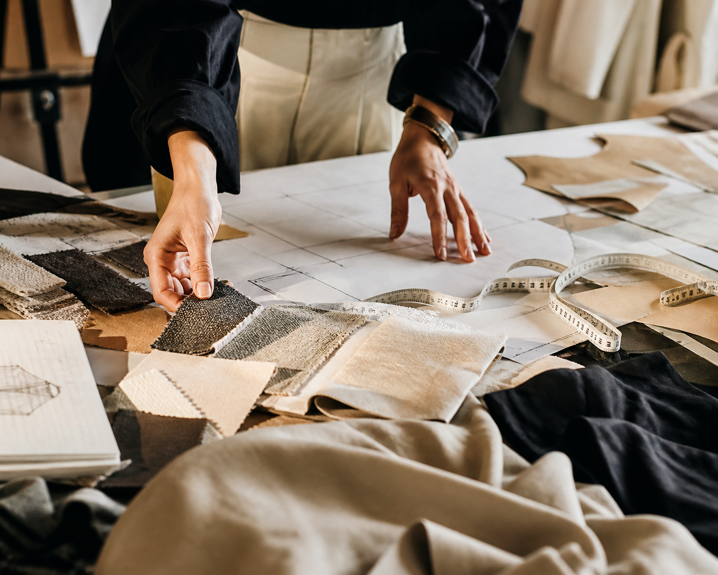 Designer reviewing fabric swatches and paper patterns