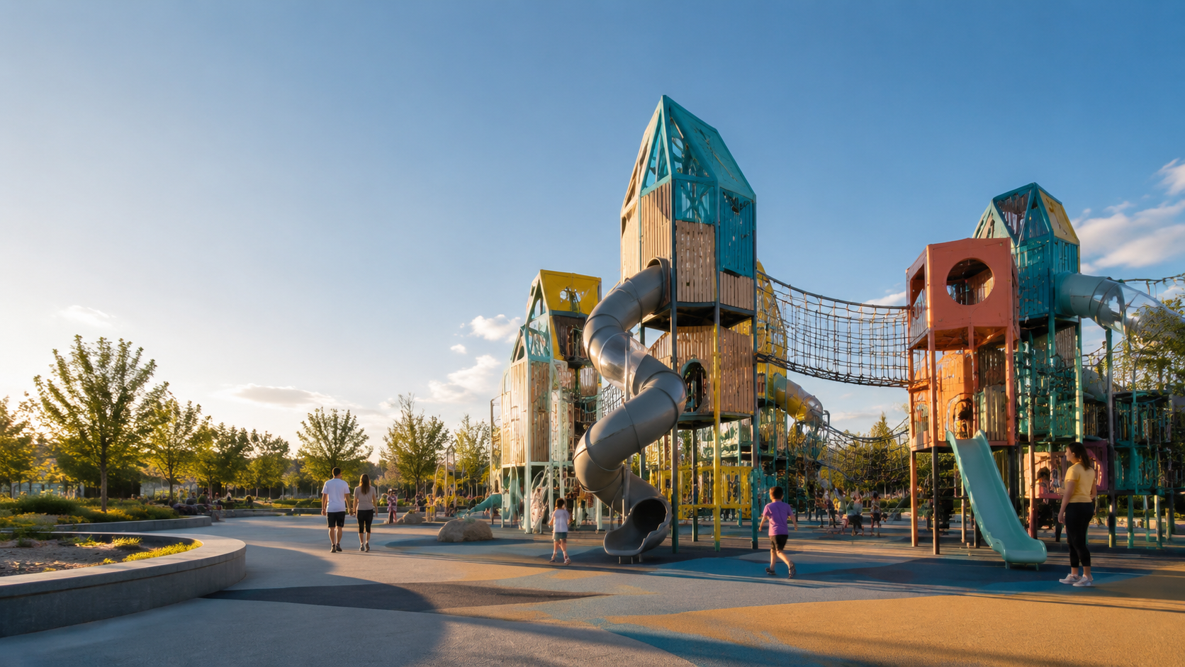 Children playing on a multi-deck outdoor play structure