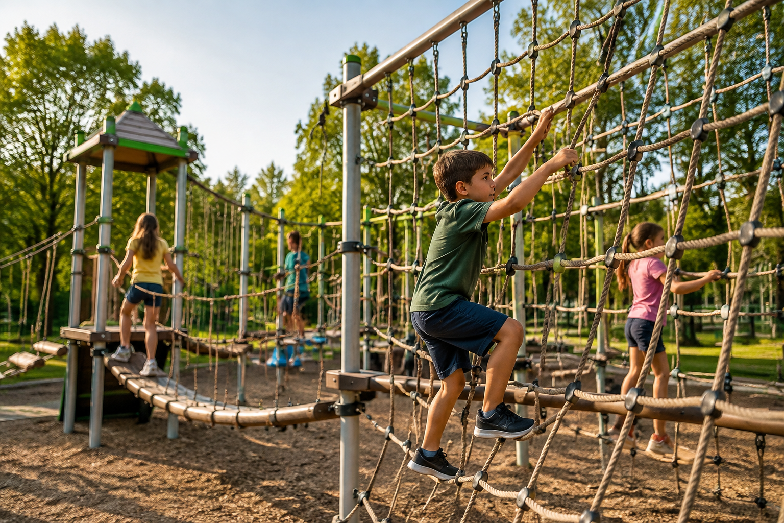 Timber play structure installed among mature trees